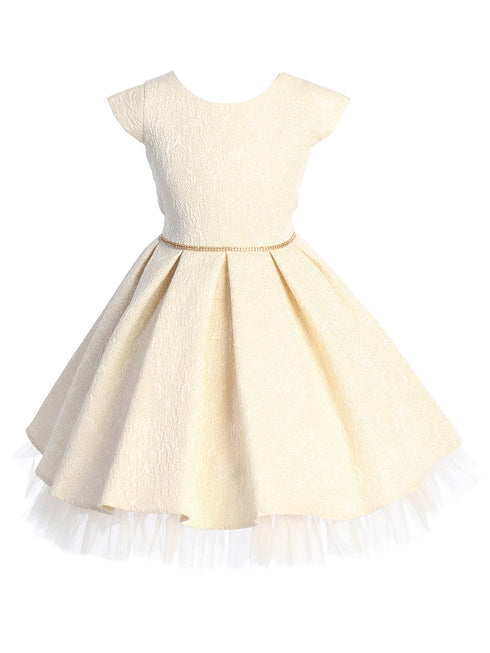 Little Girls Ivory Pleated Jacquard Cap Sleeve Tulle Flower Girl Dress 2-6 - SophiasStyle.com